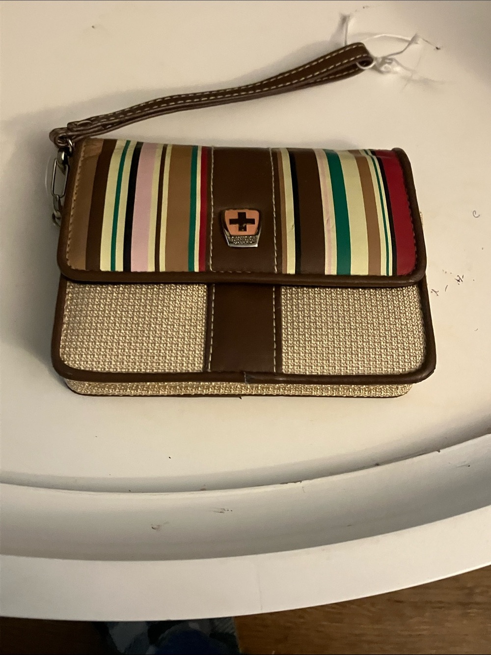 Striped Flap Wristlet Clutch in Brown and Multi-Color